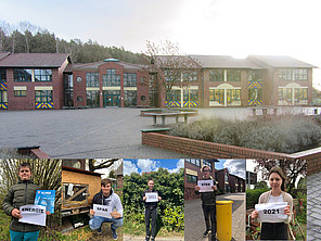 Schüler*innen im Waldgebiet ihrer Schule Schüler*innen collagiert ins Waldgebiet der Schule am Neuen Teich Lübz