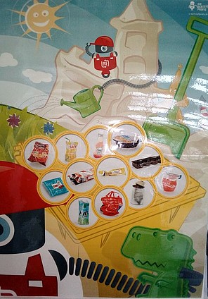 Selbst gestaltetes, buntes Plakat mit einer gelben Tonne und den passenden, aufgeklebten Inhalten Selbst gestaltetes, buntes Plakat mit einer gelben Tonne und den passenden, aufgeklebten Inhalten